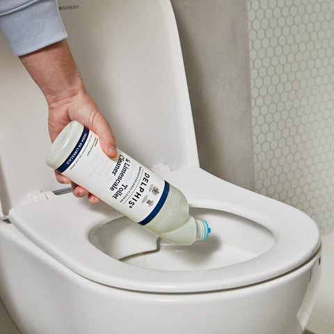 Cleaning toilet with the Delphis Eco Toilet and Limescale Cleaner