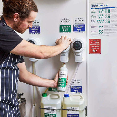 Man refilling Anti-bacterial Sanitiser using the refill station