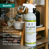 A bottle of Delphis eco Kitchen Cleaner & Degreaser standing on a kitchen shelf, with overlaid marketing text and a teal 'Benefits' banner. The product bottle is white with green and black labeling, and the background shows a softly blurred kitchen interior.
