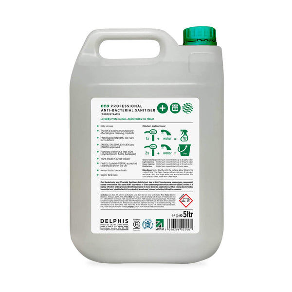 Delphis Eco Commercial Anti-Bacterial Sanitiser and Cleaner 5L Back Label