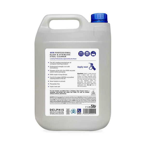 Delphis Eco Commercial Glass and Stainless Steel Cleaner 5L Back Label