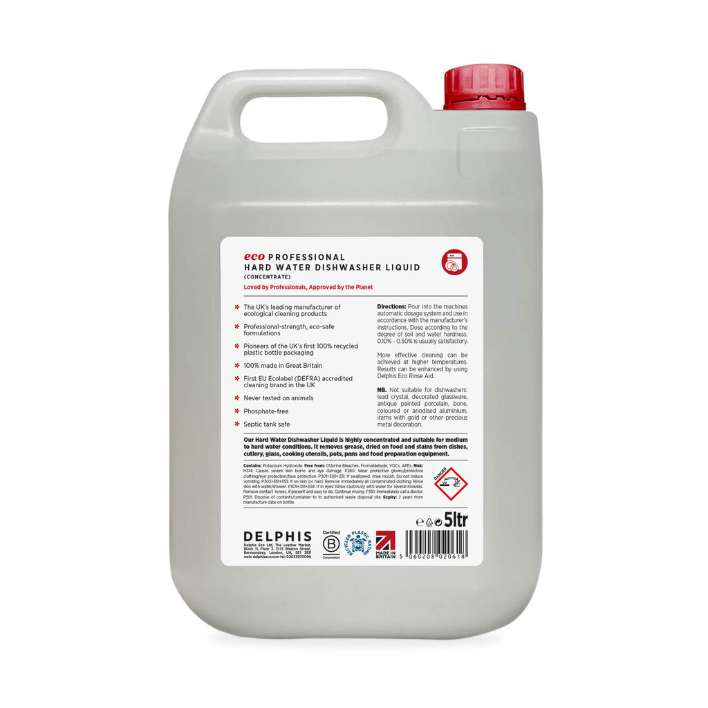 Delphis Eco Commercial Hard Water Dishwasher Liquid 5L Back Label