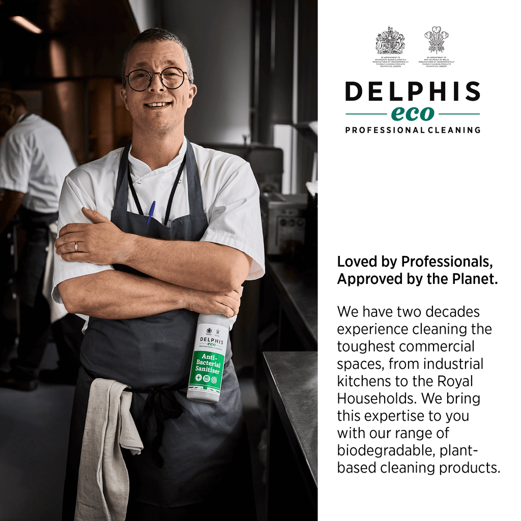 Delphis Eco eco-friendly cleaning product held by professional chef in industrial kitchen